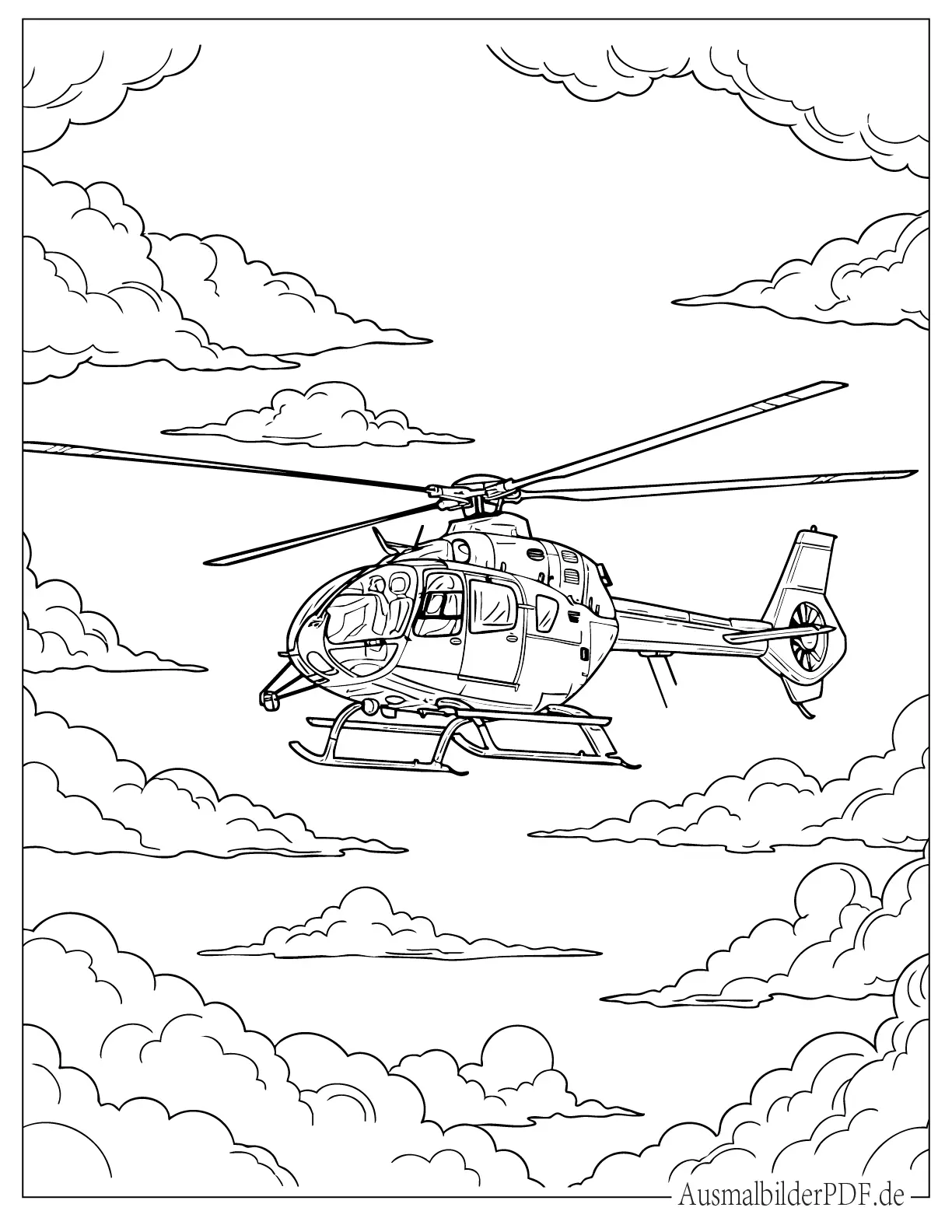 Hubschrauber fliegt zwischen Wolken Malvorlage