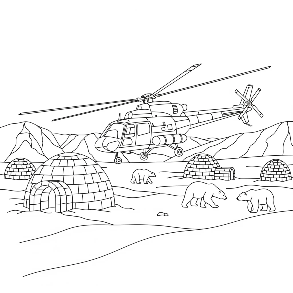 Hubschrauber Ausmalbilder (Gratis Malvorlage zum Ausdrucken) Ausmalbild mit einem Hubschrauber, der durch eine verschneite Landschaft fliegt, mit deutlichen Linien, Rotoren in Bewegung und winterlicher Umgebung
