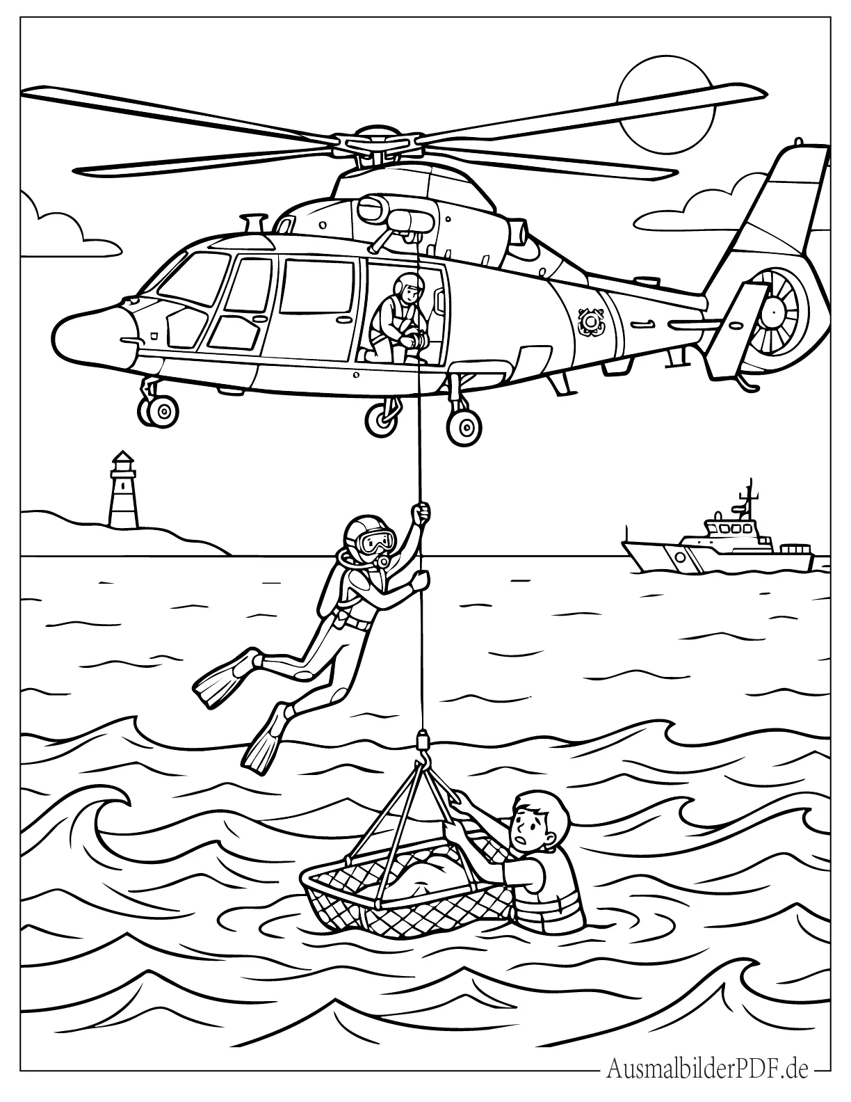 Küstenwache Hubschrauber rettet Schwimmer Ausmalbild
