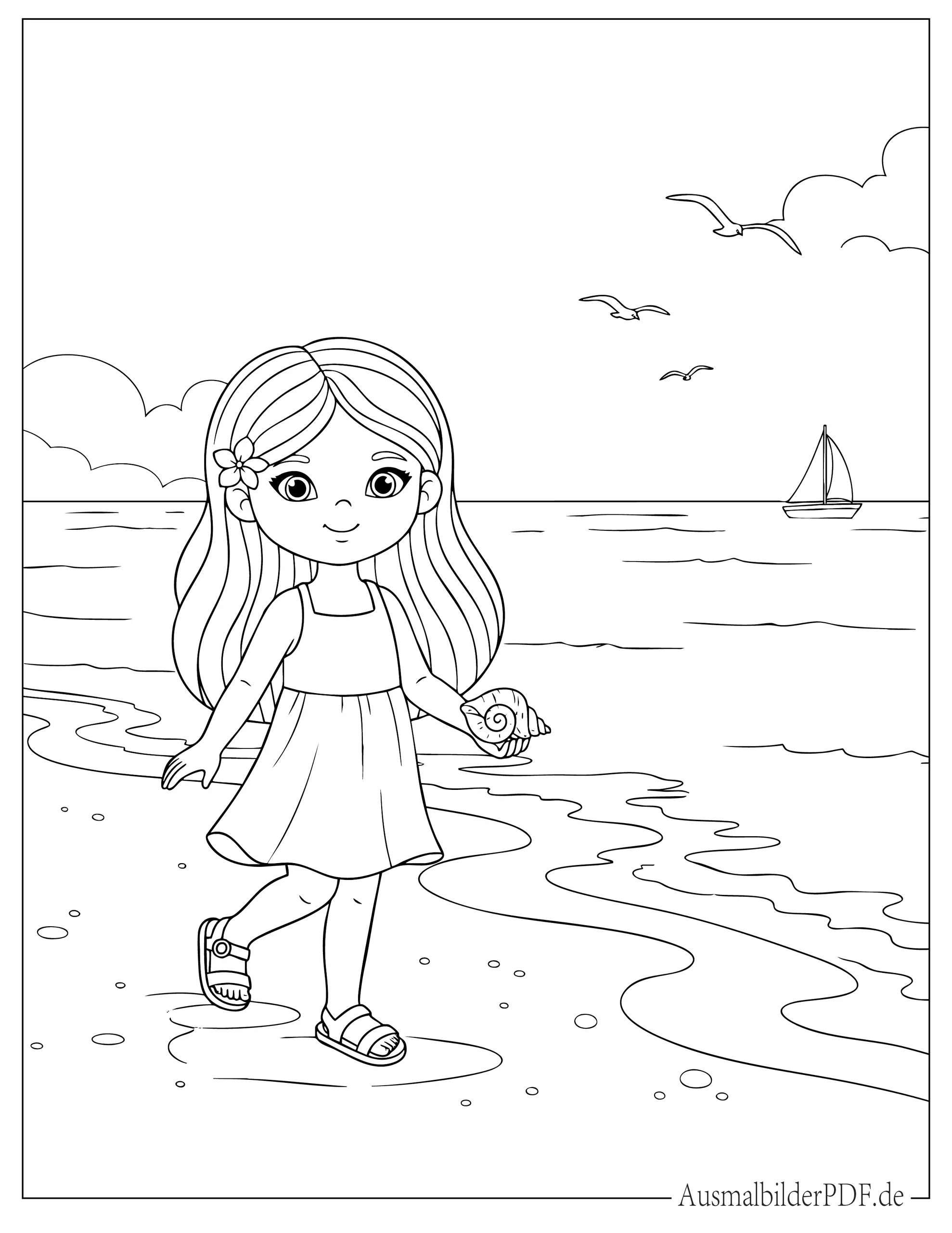 16 Strand Ausmalbilder (Gratis Malvorlagen zum Ausdrucken) Hübsches kleines Mädchen läuft am Strand Malbild