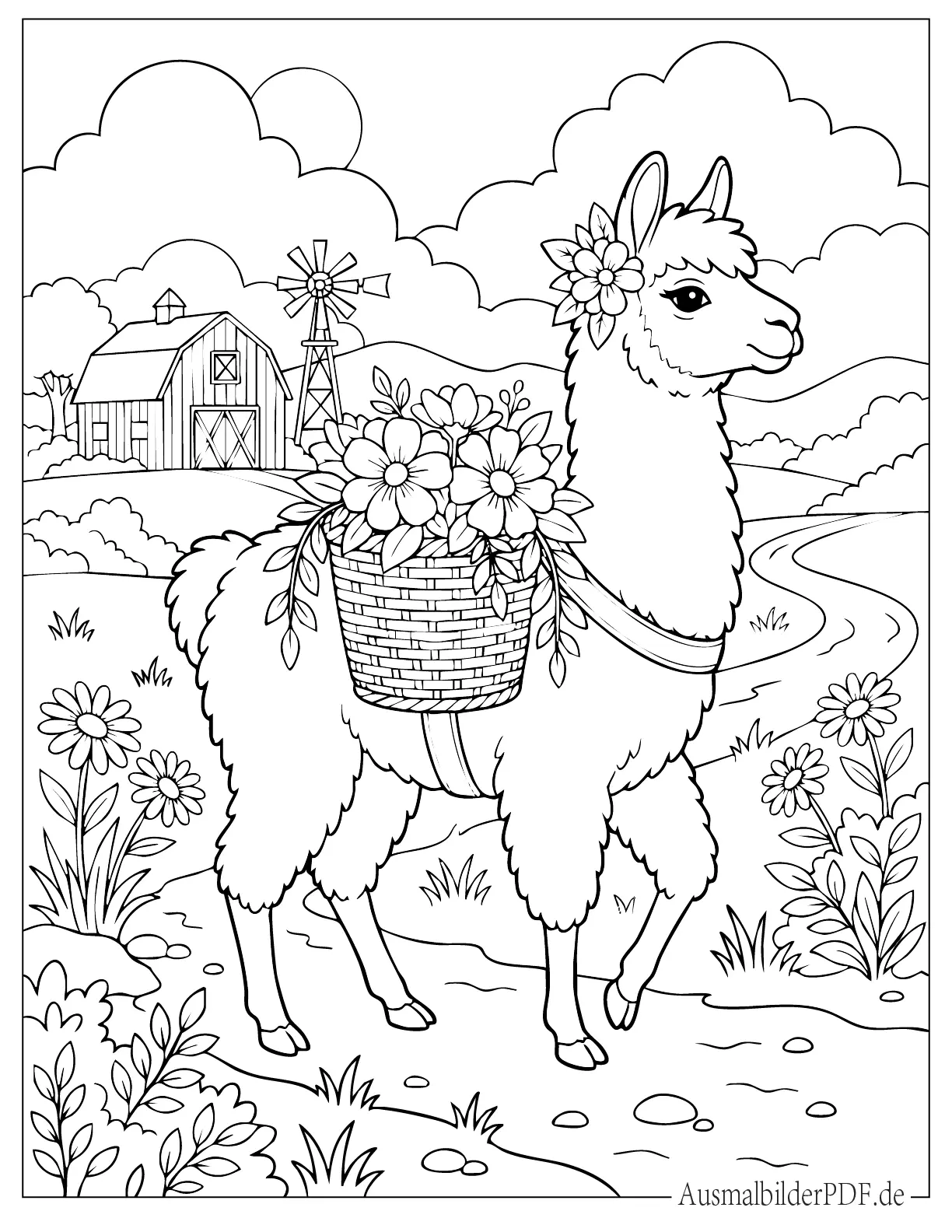 Hübsches Lama trägt Korb mit Blumen Ausmalbild