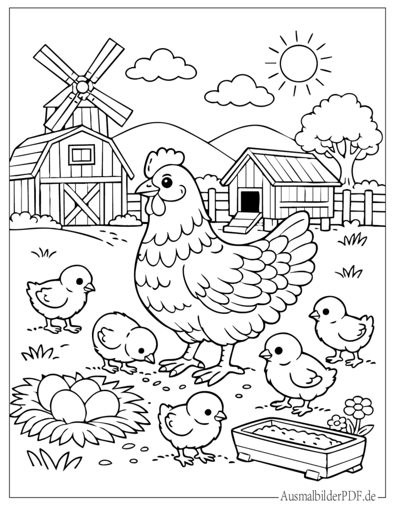 Ausmalbild von Hühnern auf dem Bauernhof für Kinder, perfekt zum Ausdrucken