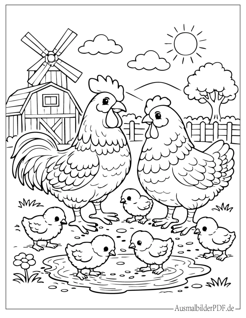Malvorlage einer Hühnerfamilie mit Mama, Papa und Küken, ideal für Kinder zum Ausdrucken und Ausmalen zu Hause.