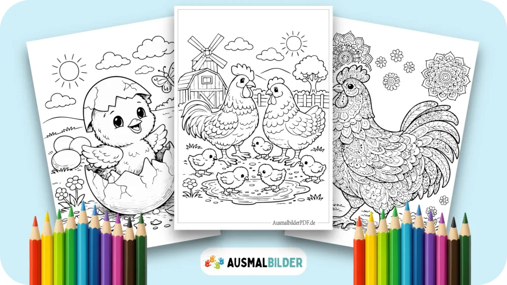 Huhn Ausmalbilder kostenlose Vorlagen zum Ausdrucken für Kinder jeden Alters