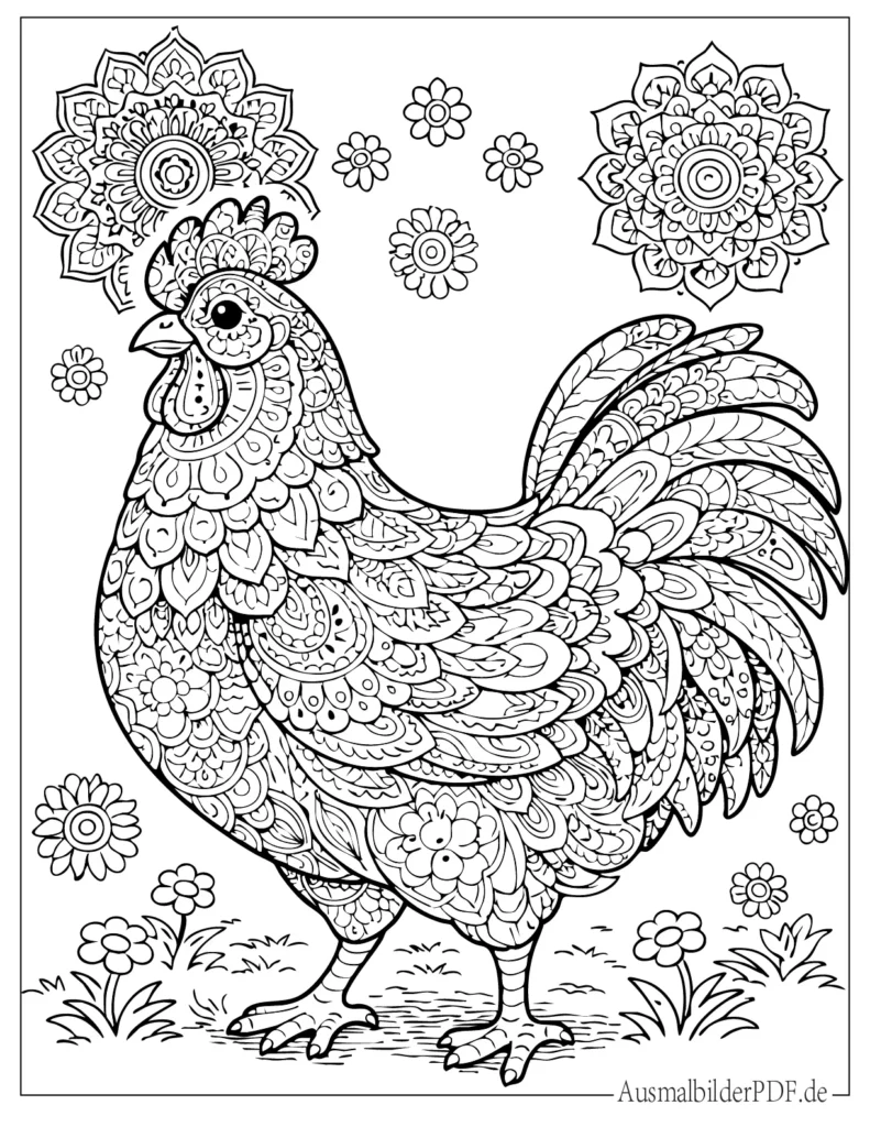 Vorlage eines Huhn-Mandalas zum Ausmalen für Erwachsene, ideal zum Entspannen, Ausdrucken und kreativen Ausmalspaß.