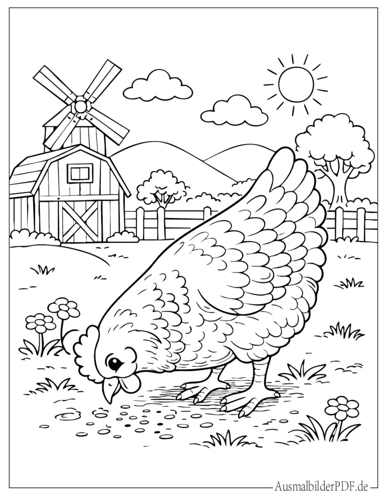 Ausmalblatt eines Huhns, das Körner vom Boden pickt, ideal für Kinder zum Ausdrucken und kreativen Ausmalspaß.