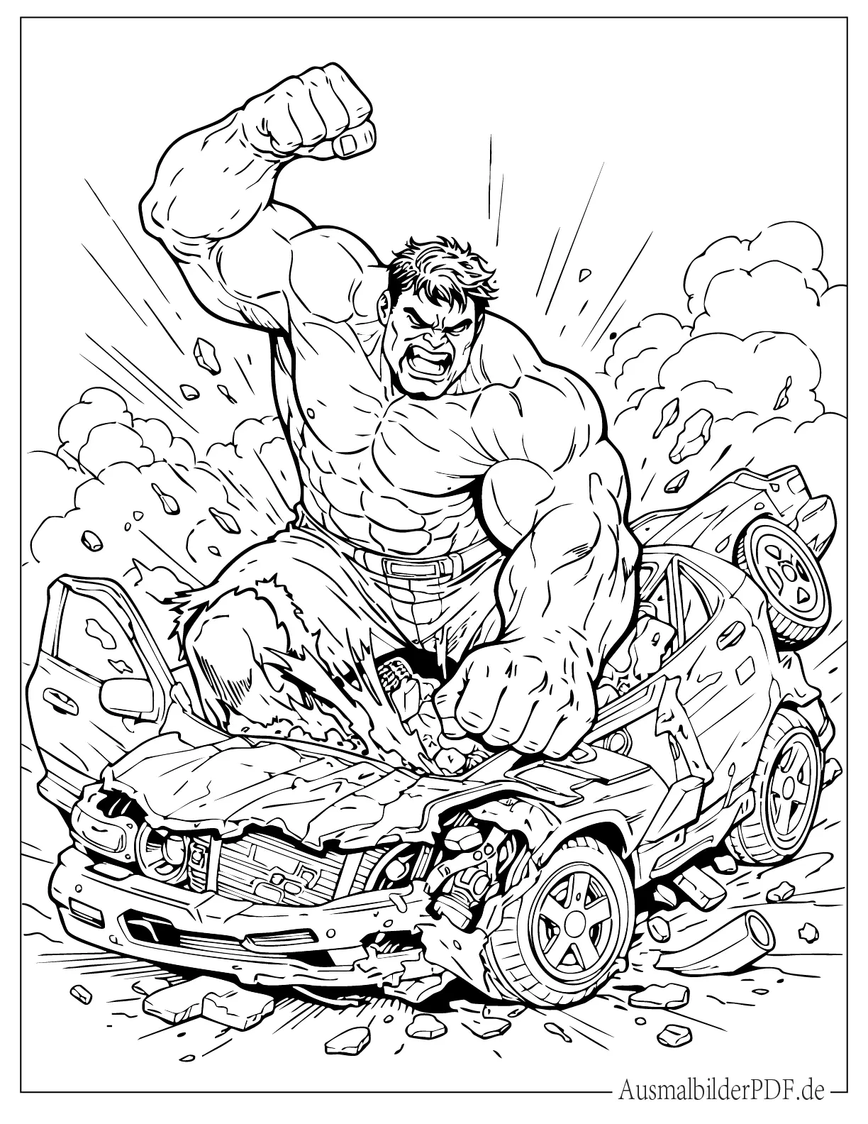 Wütender Hulk zerschmettert Auto Malvorlage