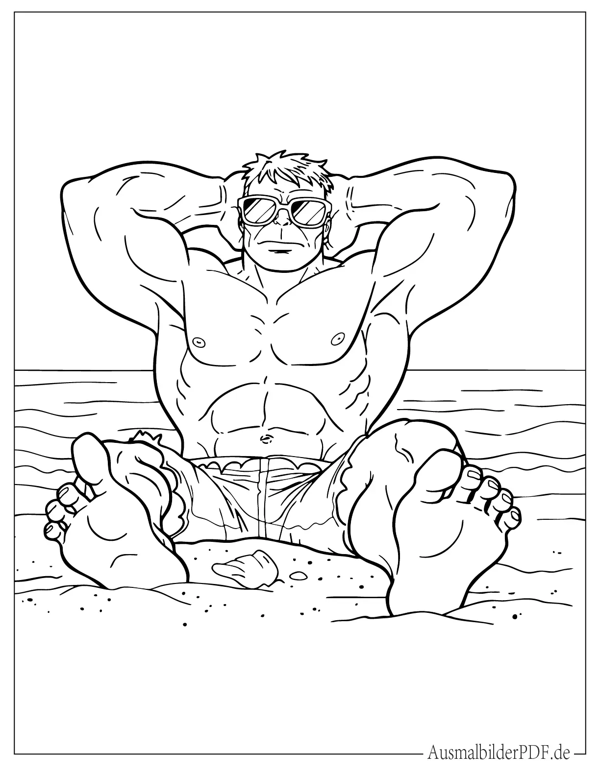 Hulk entspannt am Strand mit Sonnenbrille zum Ausmalen