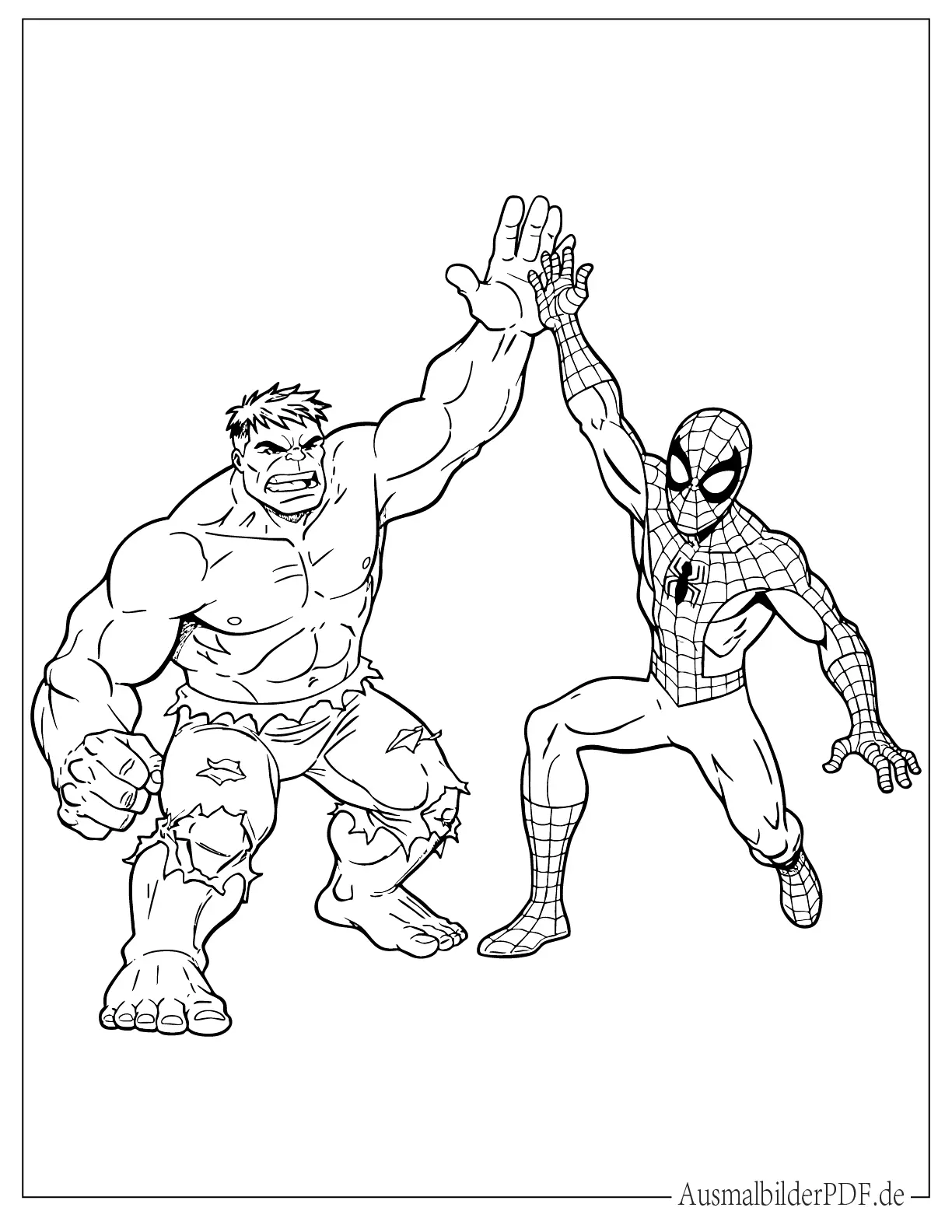 Hulk und Spiderman geben sich ein High Five druckbares Ausmalbild