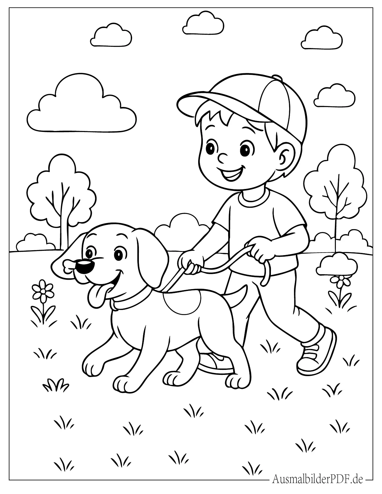 Hund läuft an der Leine mit einem Kind Ausmalbild