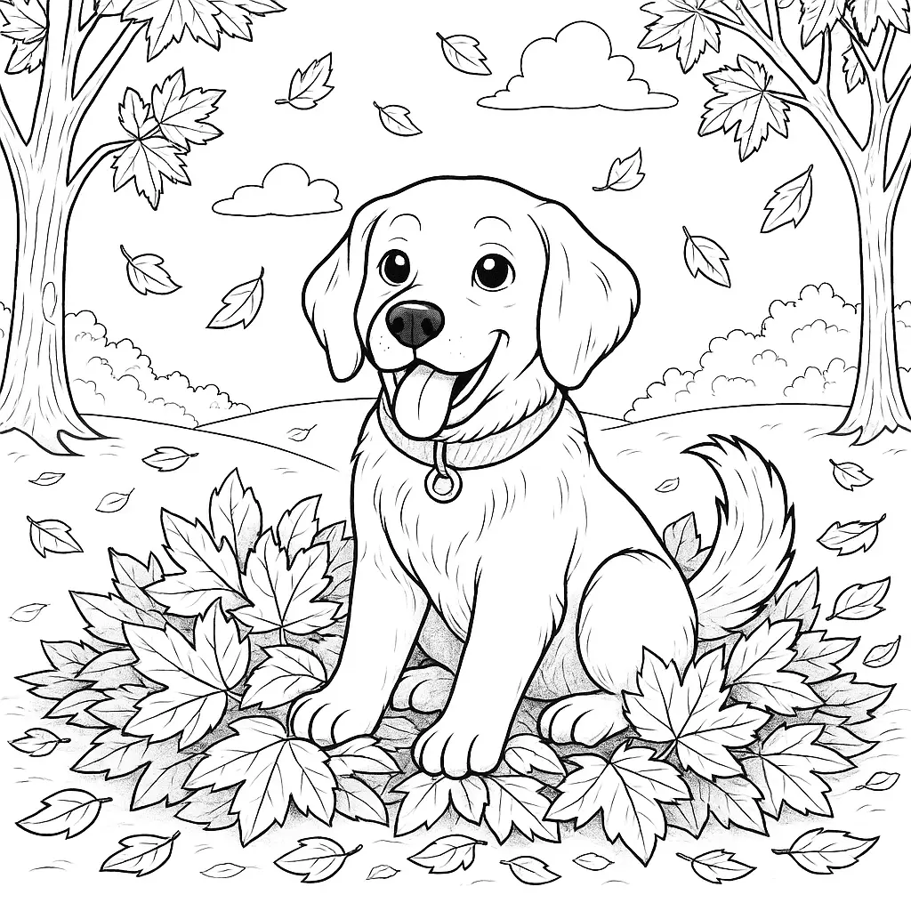 Hund sitzt in einem Haufen herabgefallener Herbstblätter im Ausmalbild mit Bäumen im Hintergrund