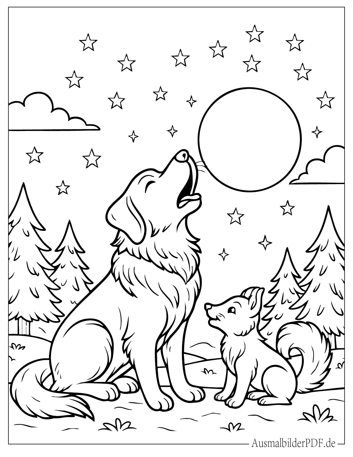 Hund heult den Mond an Ausmalbild zum Ausdrucken