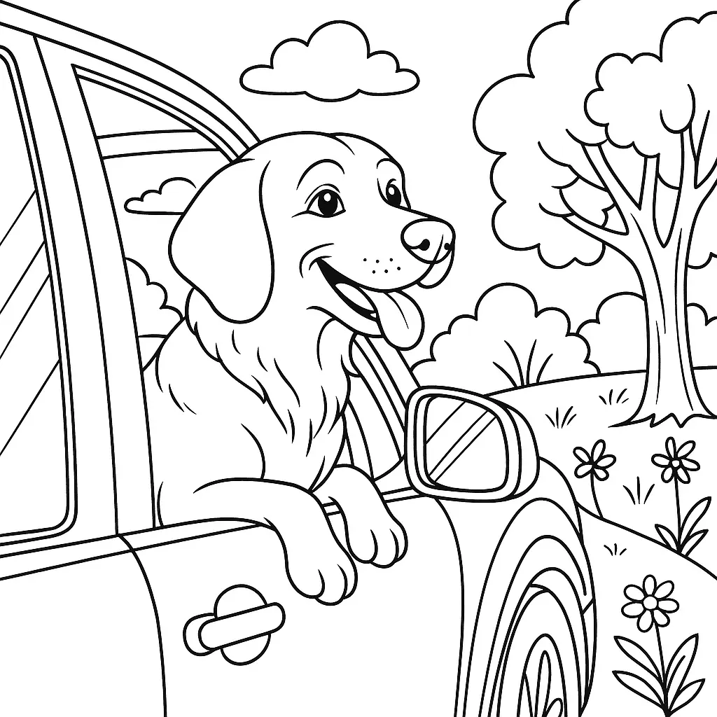 Hund schaut fröhlich aus dem Autofenster während der Fahrt durch eine Landschaft – Ausmalbild