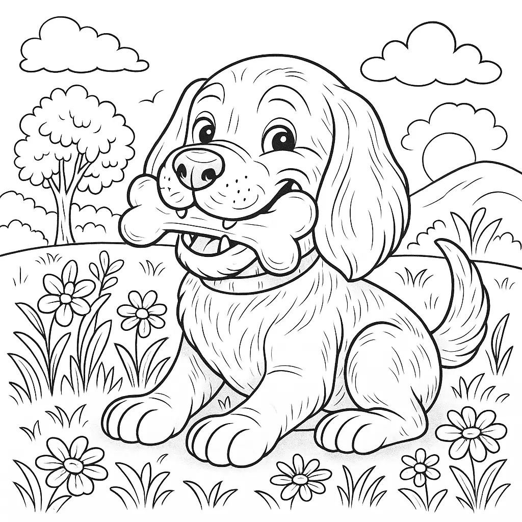 Schwarz-Weiß-Ausmalbild mit Hund, der freudig auf einem Knochen kaut, umgeben von Blumen und Hügeln