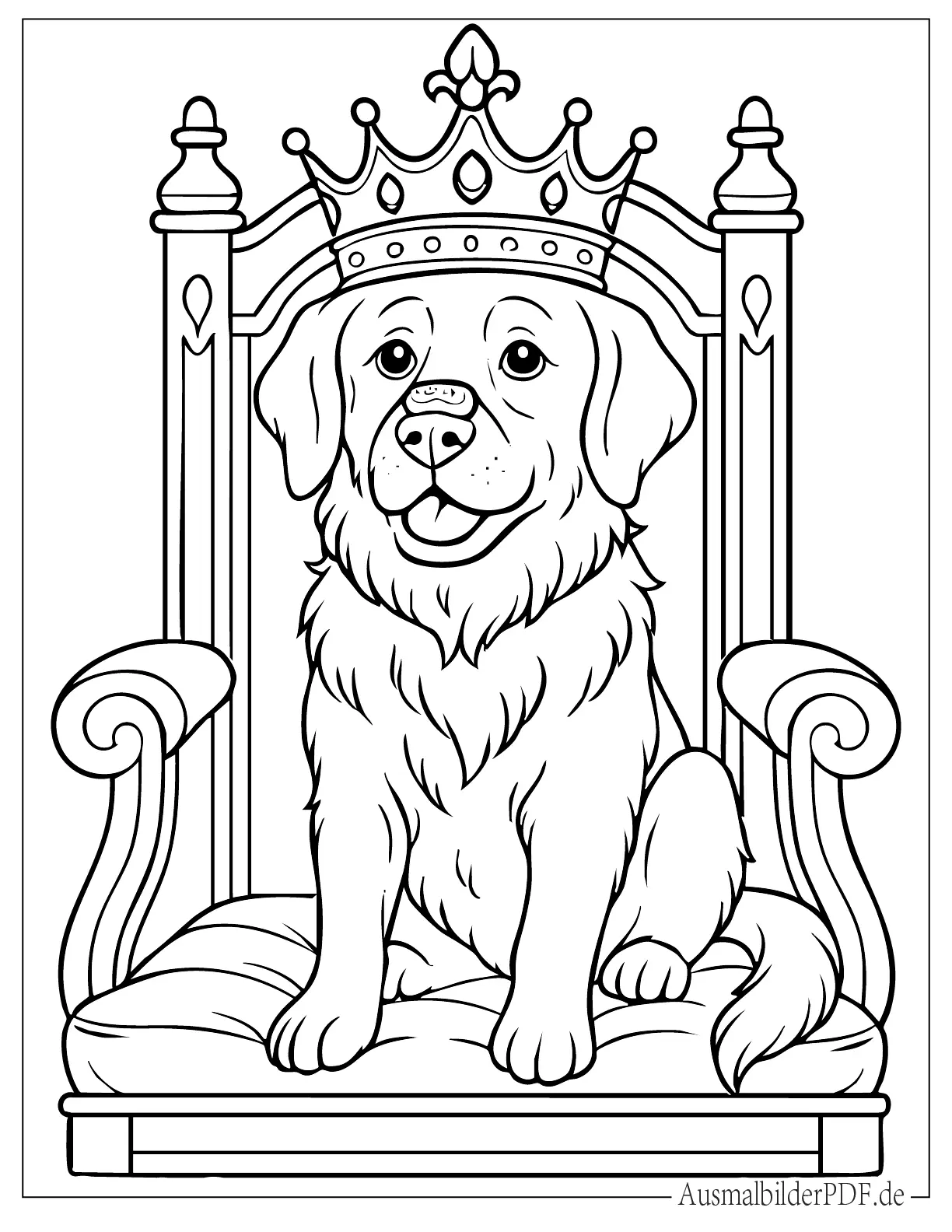 Hund mit Krone sitzt auf einem Thron Ausmalbild
