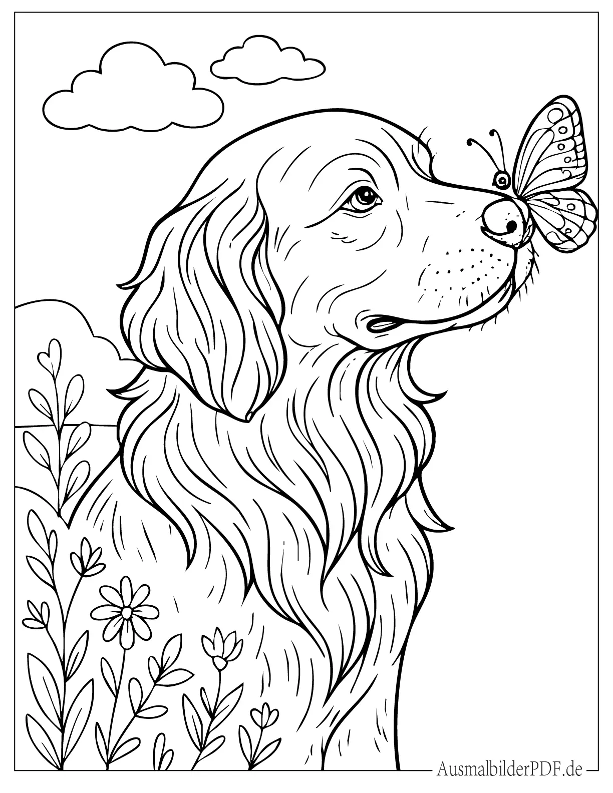 Entzückender Hund mit einem Schmetterling auf seiner Nase Malvorlage