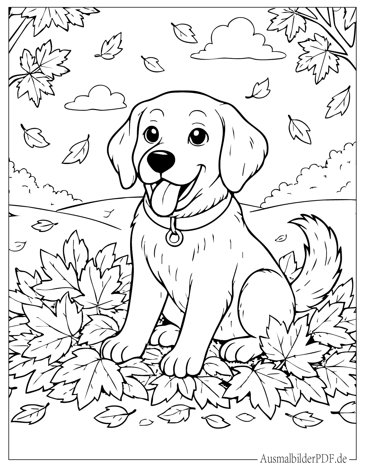 Hund mit herausgestreckter Zunge sitzt in einem Haufen Herbstblätter Malvorlage