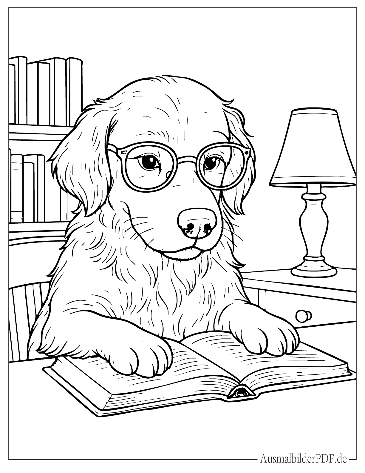 Hund trägt Brille und liest ein Buch Ausdruckbare Ausmalbild