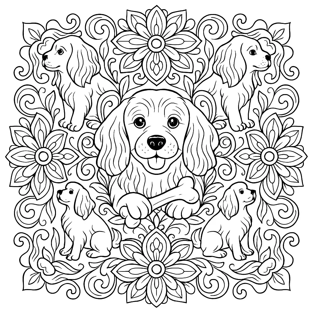 Hunde Mandala Ausmalbild mit vier Hunden und floralen Mustern in symmetrischem Design