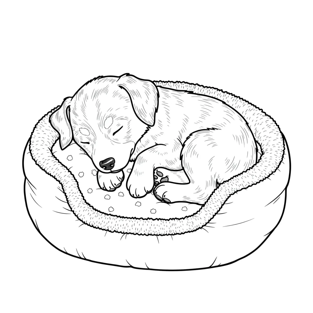 Schlafender hundewelpe in einem gemütlichen hundebett als ausmalbild für kinder