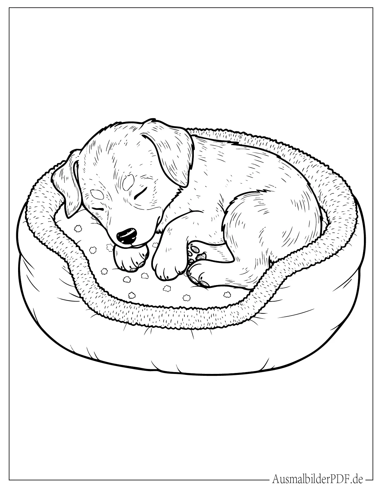 16 Ausmalbilder Welpen (Gratis Druckvorlagen zum Download) Ausmalbild von einem schlafenden Welpen im Hundebett