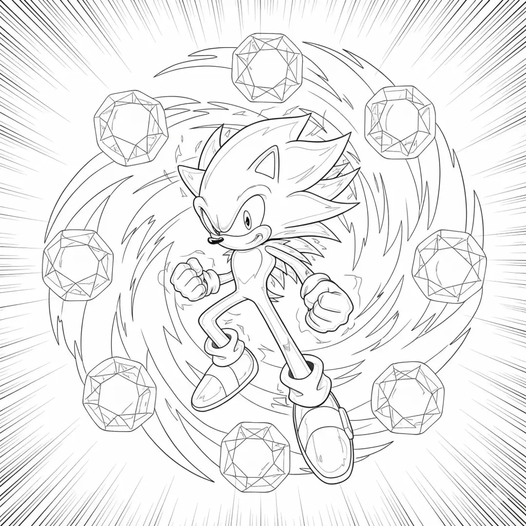 26 Sonic Ausmalbilder (Kostenlos Malvorlage zum Ausdrucken) Hyper Sonic steht kraftvoll umgeben von sieben schwebenden Chaos Emeralds. Ein detailreiches Ausmalbild für kreative Sonic-Fans.