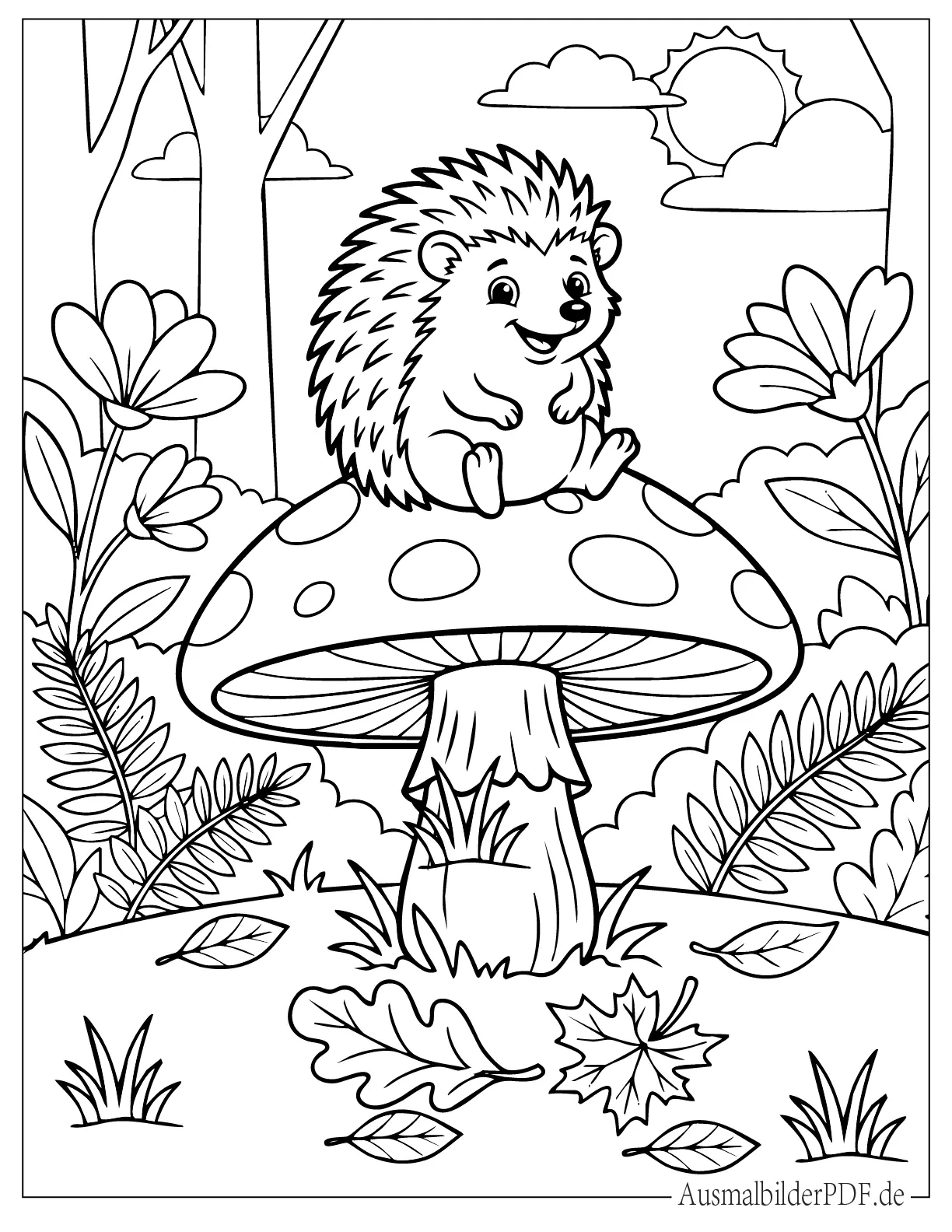 26 Ausmalbilder Igel (Kostenlose Druckvorlagen zum Download) Kleiner lächelnder Igel sitzt auf einem Pilz Ausmalvorlage