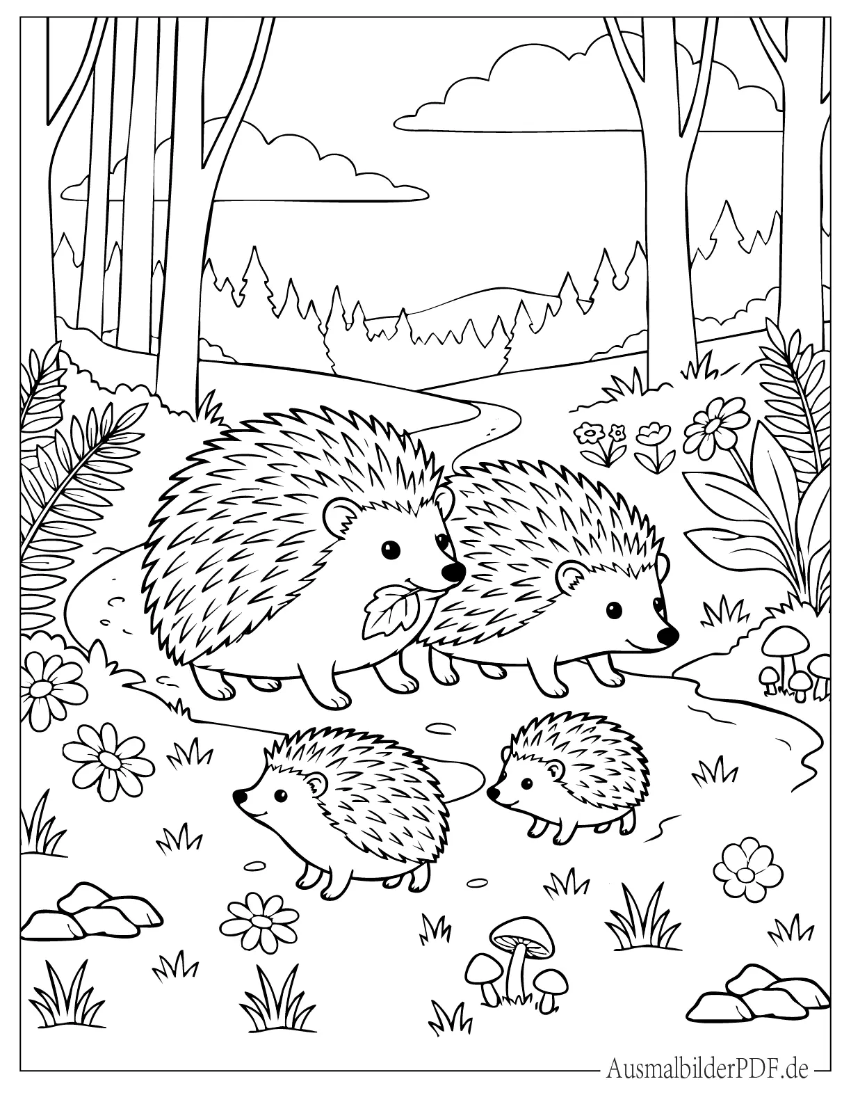26 Ausmalbilder Igel (Kostenlose Druckvorlagen zum Download) Igel Familie im Wald druckbares Ausmalbild für Kinder