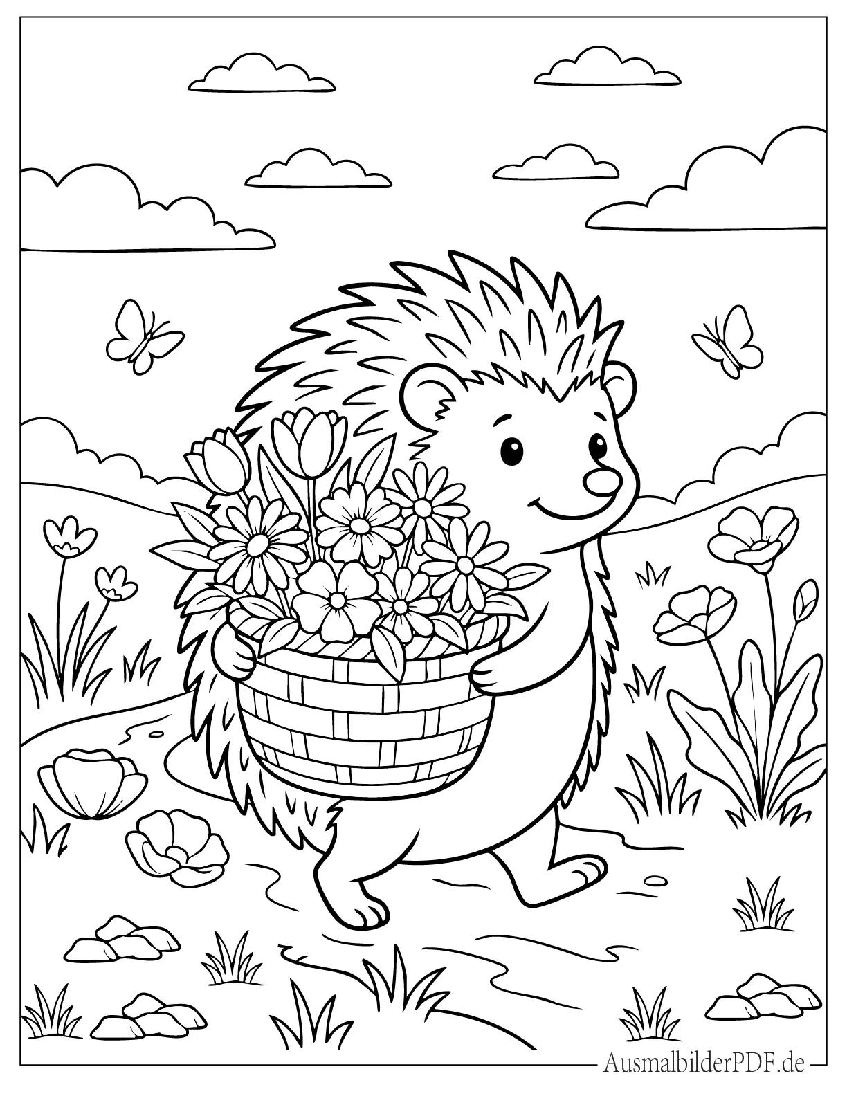 26 Ausmalbilder Igel (Kostenlose Druckvorlagen zum Download) Niedlicher Igel mit Blumenkorb Ausmalbild