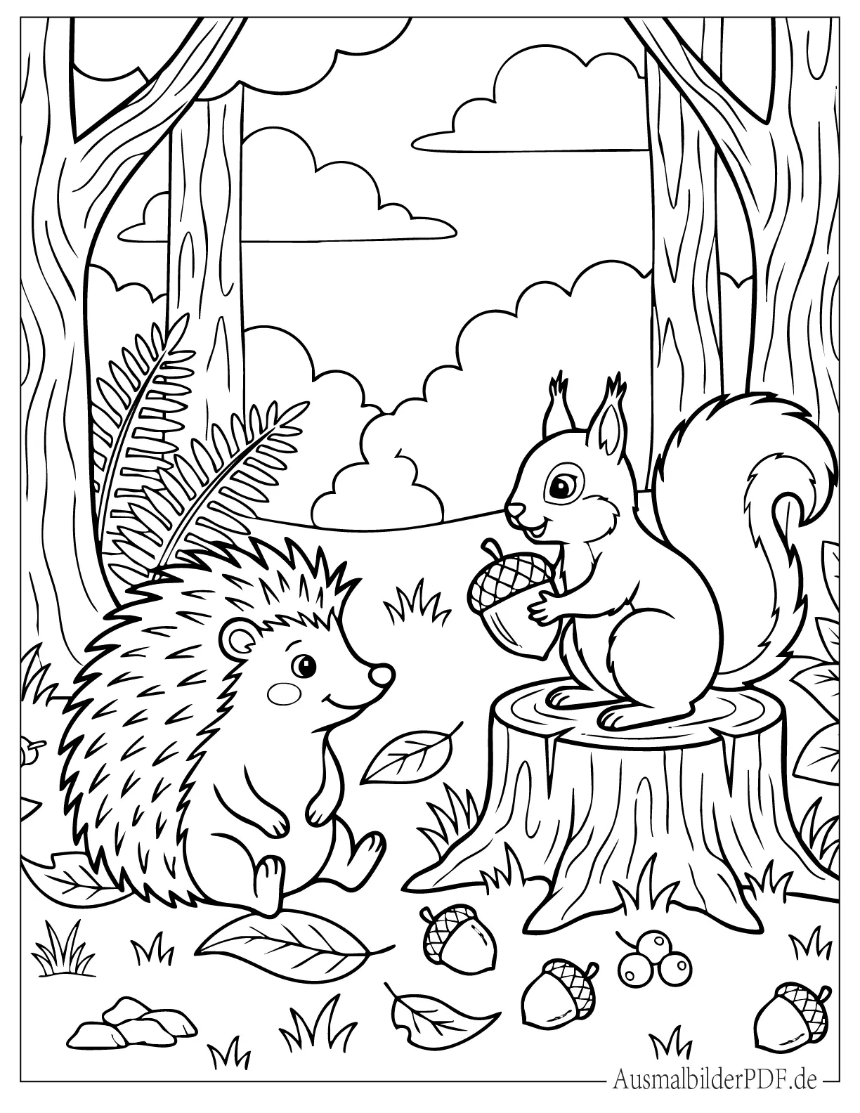 26 Ausmalbilder Igel (Kostenlose Druckvorlagen zum Download) Niedlicher Igel und Eichhörnchen sammeln Eicheln Malvorlage