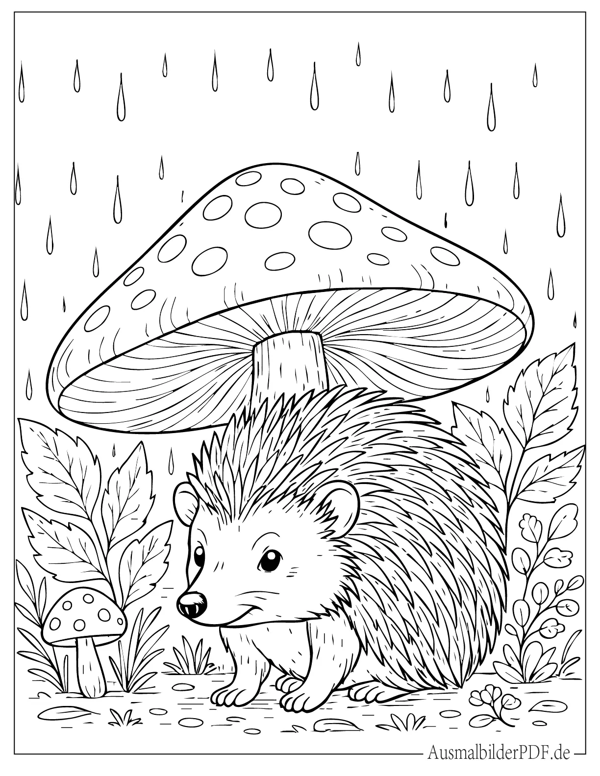 26 Ausmalbilder Igel (Kostenlose Druckvorlagen zum Download) Igel unter einem Pilzschirm im Regen Ausmalvorlage