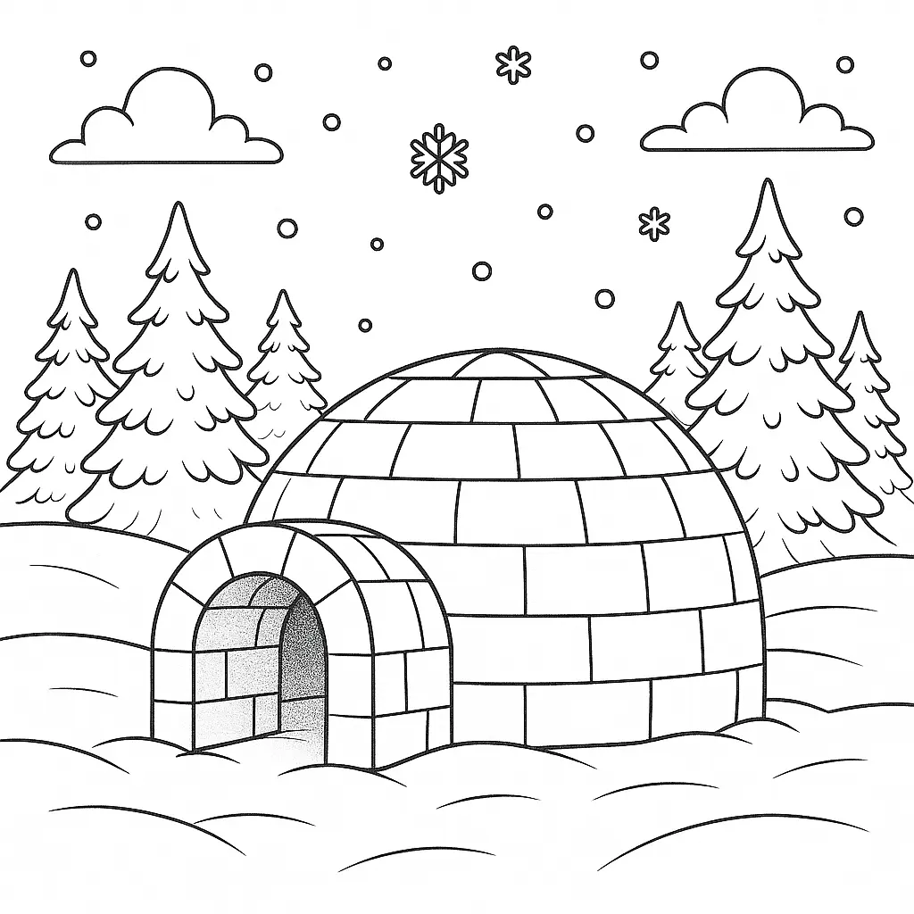 20+ Ausmalbilder Winter (Kostenlos Malvorlage zum Ausdrucken) Ausmalbild mit einem Iglu, das in einer verschneiten Landschaft steht. Sanfter Winterhimmel und Schneehügel machen die Vorlage ideal für Kinder zum Ausmalen.