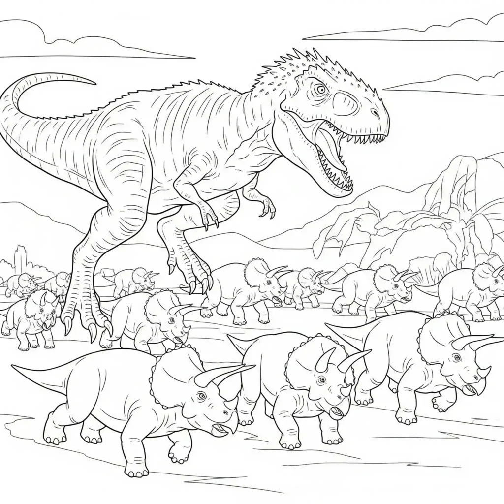 Indominus Rex Jagd Ausmalbild für Kinder und Erwachsene zum Ausdrucken kostenlos detailreiches Dinosaurier Malbild
