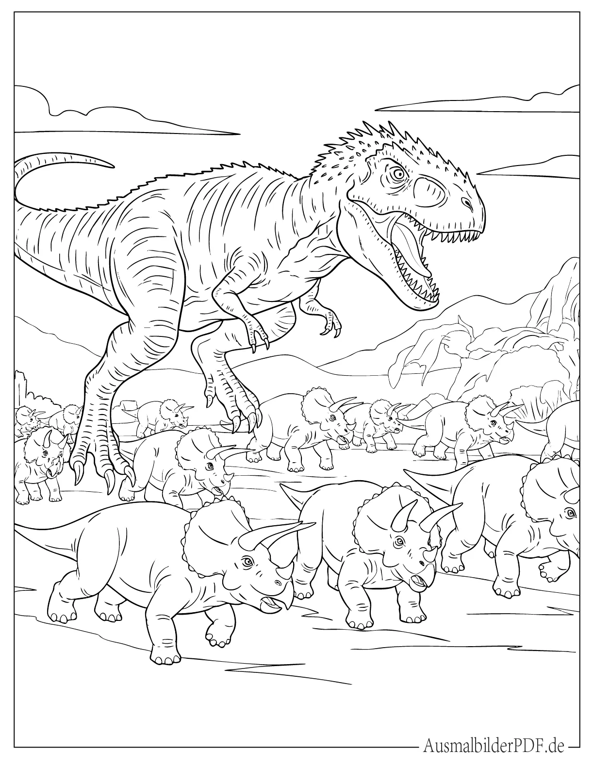 Dinosaurier Indominus Rex jagt Triceratops zum Ausmalen