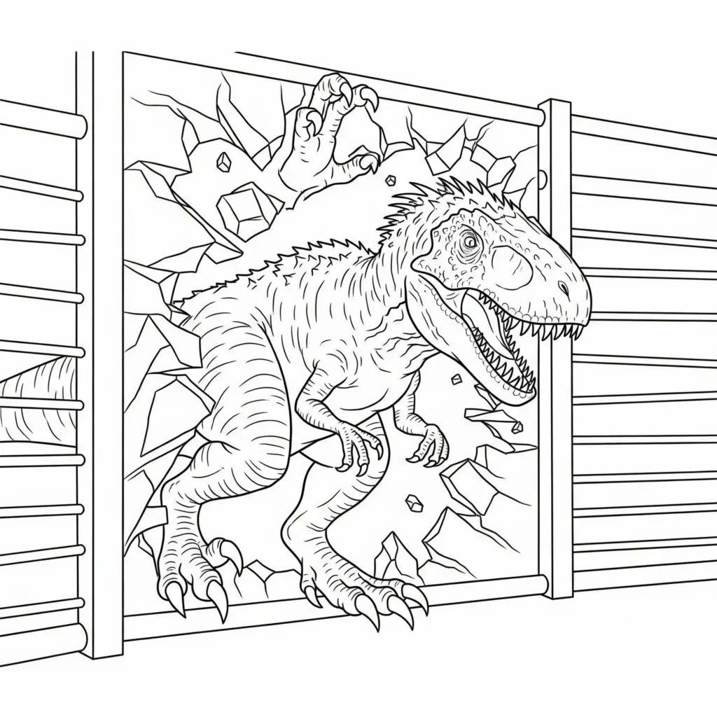 Indominus Rex Ausmalbilder der die Käfigwand durchbricht detailreich und perfekt für Dinosaurierfans