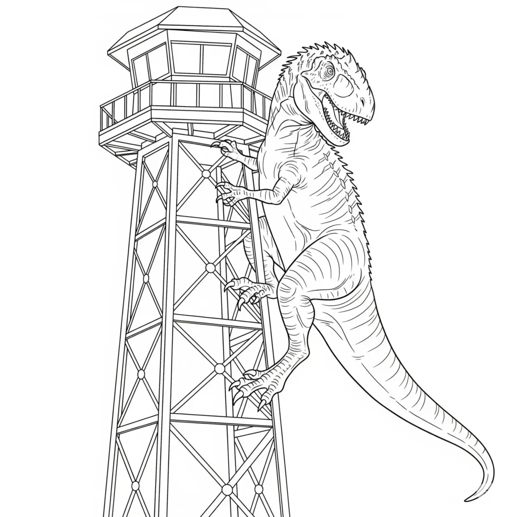 Indominus Rex klettert auf einen Wachturm Ausmalbild für Kinder und Erwachsene zum Ausdrucken kostenlos detailreiches Dinosaurier Malbild