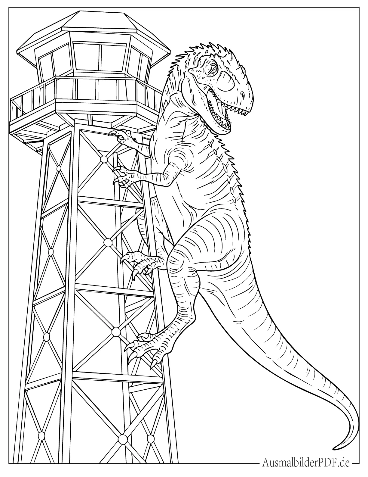 Indominus Rex Dinosaurier klettert einen Wachturm hoch Ausmalbild