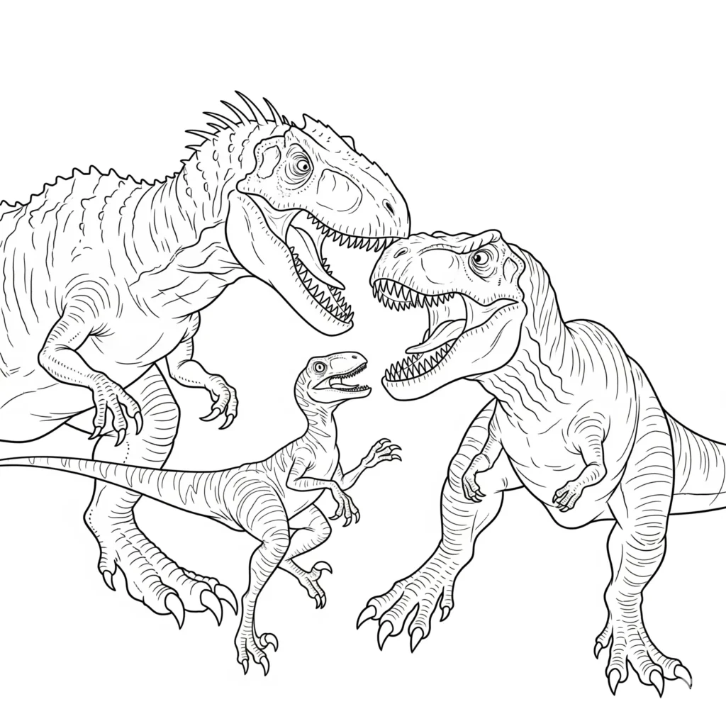 Indominus Rex gegen T Rex und Blue den Raptor Ausmalbild für Kinder und Erwachsene zum Ausdrucken kostenlos detailreiches Dinosaurierbild