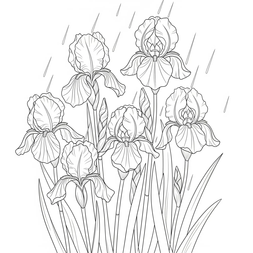 30+ Blumen Ausmalbilder (Gratis Malvorlage zum Ausdrucken) Ausmalbild als PDF mit Iris Blumen, auf die Regentropfen fallen, zum Ausdrucken für Kinder und Erwachsene geeignet