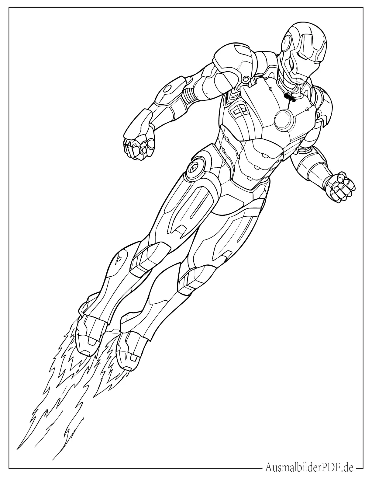 Realistischer Iron Man Anzug fliegt mit Flammen Ausmalvorlage