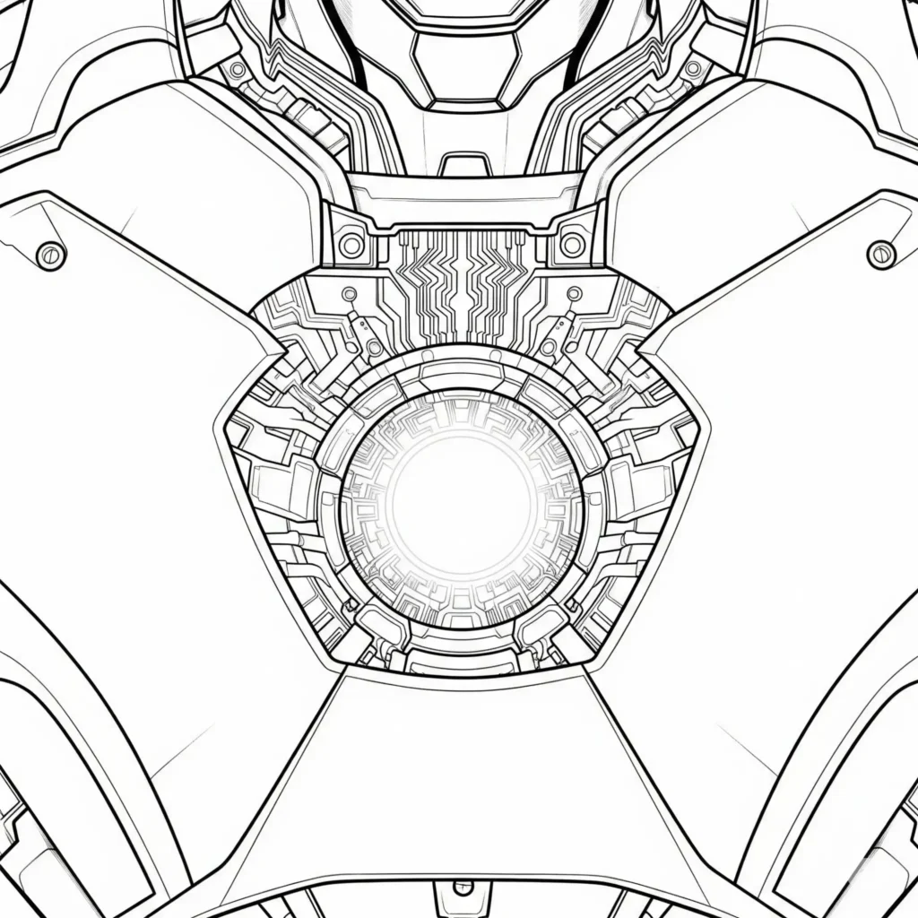 Detaillierte Malvorlage des Arc Reactors von Iron Man, perfekt zum Ausdrucken und Ausmalen für Kinder und Fans
