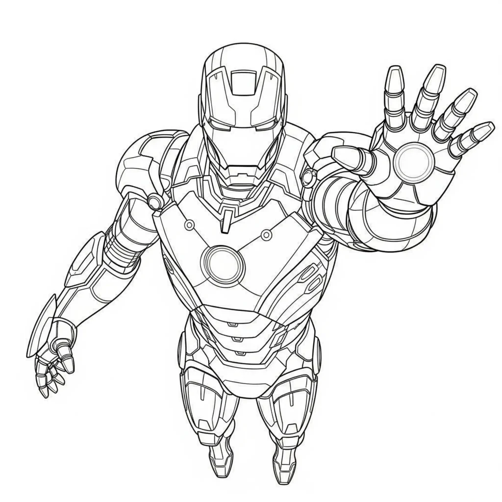 Iron Man Ausmalbilder in klassischer Superhelden-Rüstung, perfekt zum Ausdrucken für Kinder und Fans von Marvel