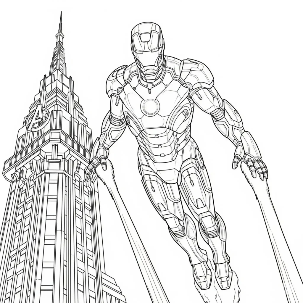Iron Man fliegt über den Avengers Tower – spannendes Ausmalbild für Kinder und Marvel-Fans zum Ausdrucken