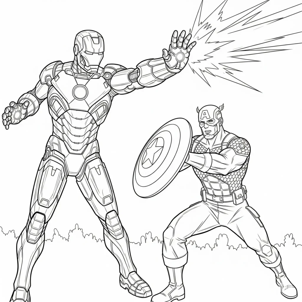 Ausmalbild von Iron Man und Captain America zusammen, perfekt zum Ausdrucken und Ausmalen für Kinder und Marvel-Fans