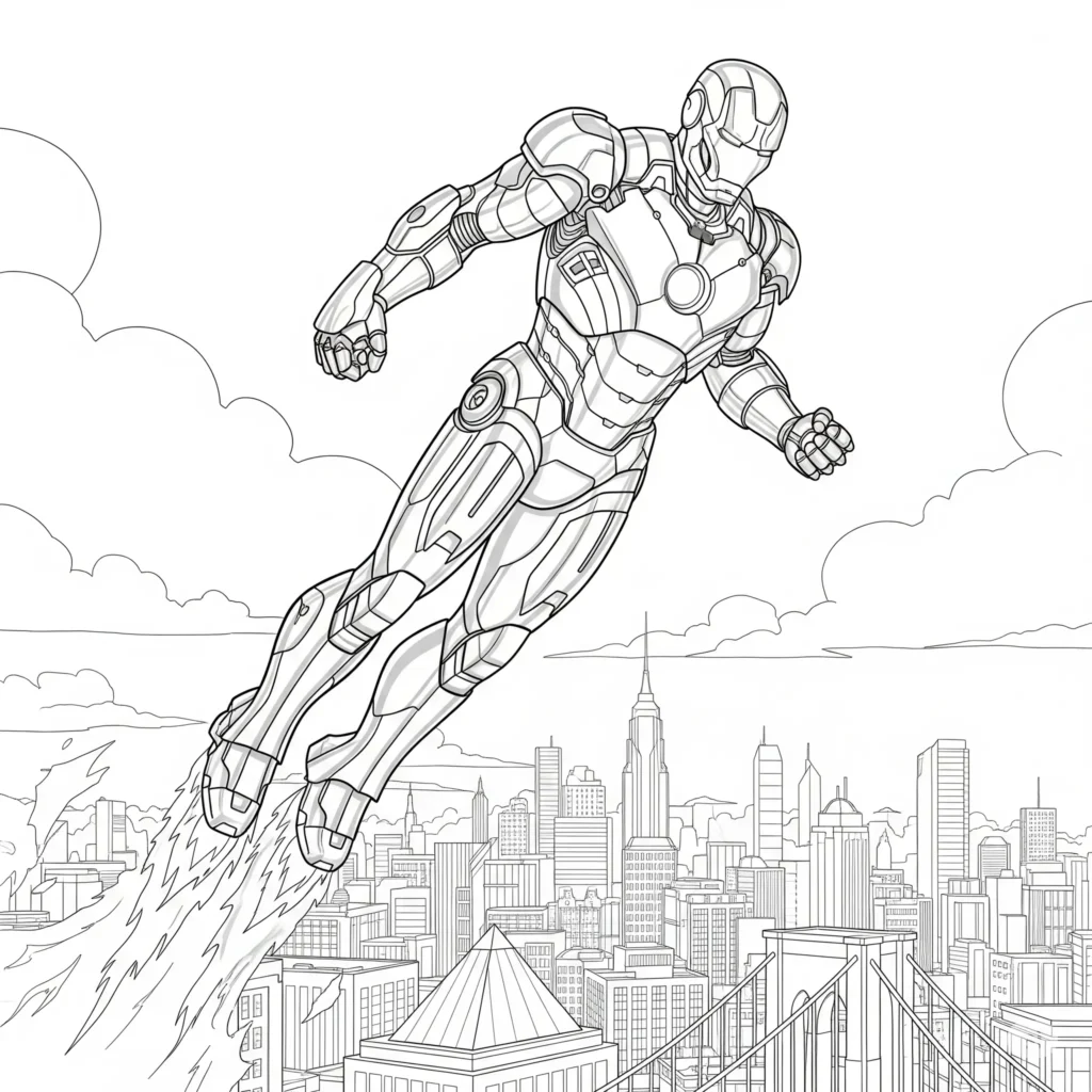 Iron Man fliegt über eine Großstadt – spannendes Ausmalbild für Kinder zum Ausdrucken, ideal für Marvel-Fans