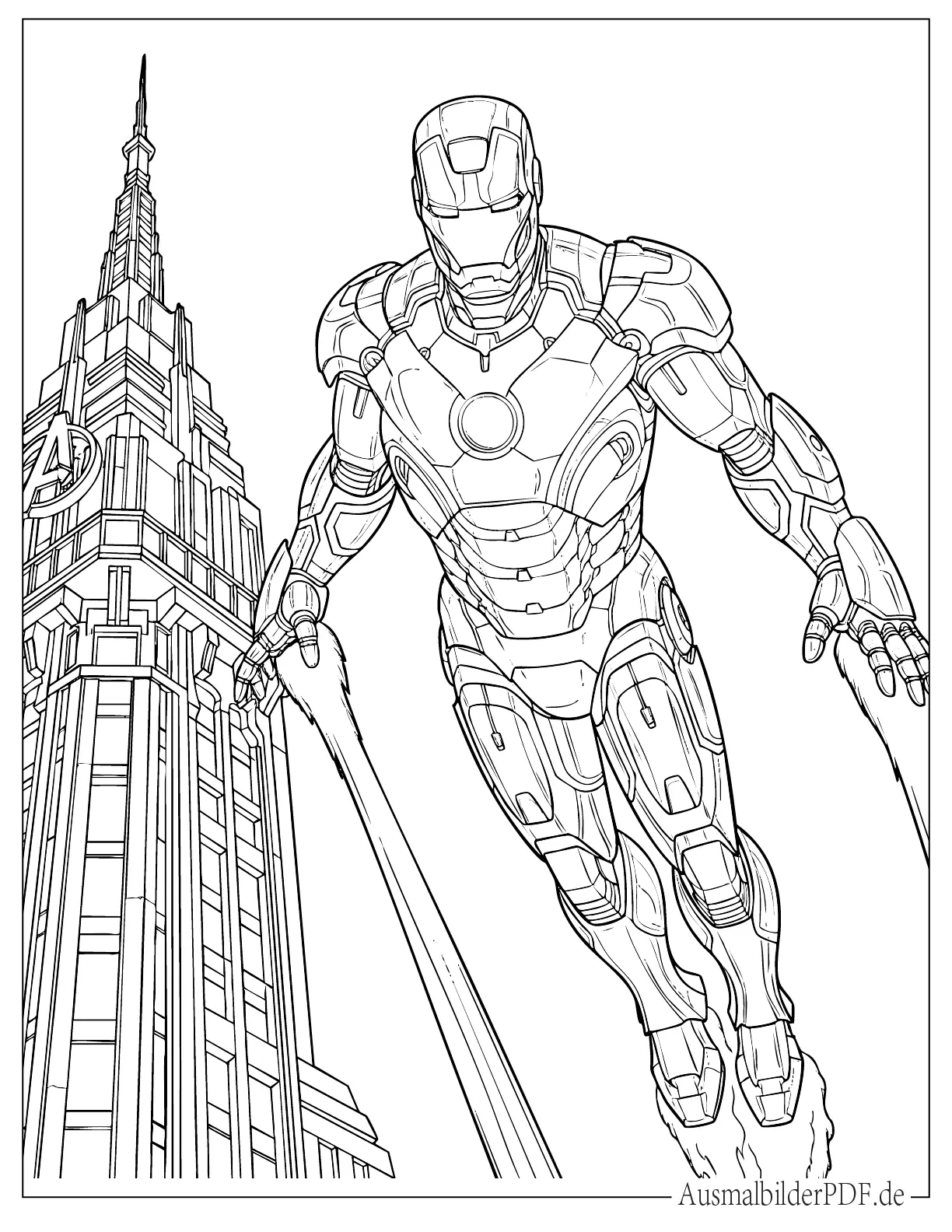 Iron Man fliegt in der Nähe des Avengers Turms Ausmalbild