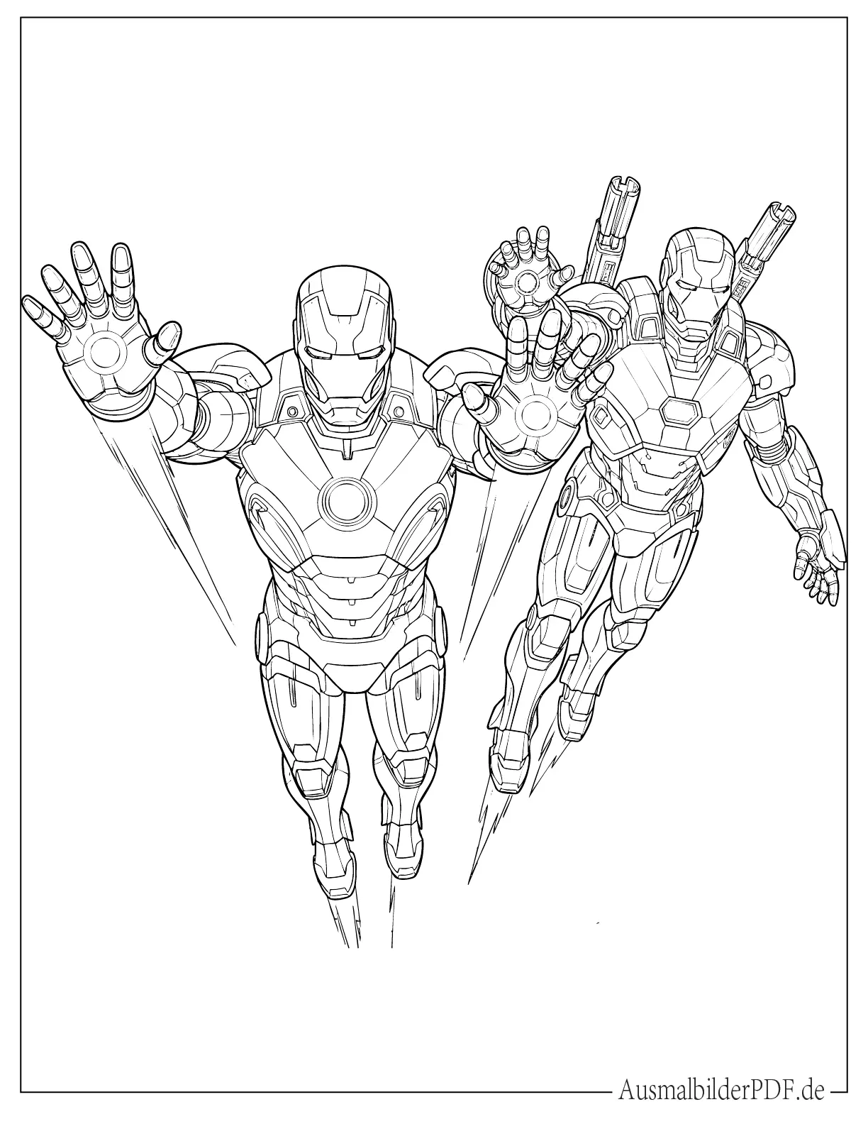 Iron Man fliegt mit War Machine Ausdruckbare Malvorlage
