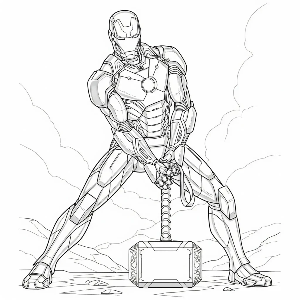 Iron Man versucht, den mächtigen Hammer Mjölnir von Thor zu heben – spannendes Ausmalbild für Kinder zum Ausdrucken