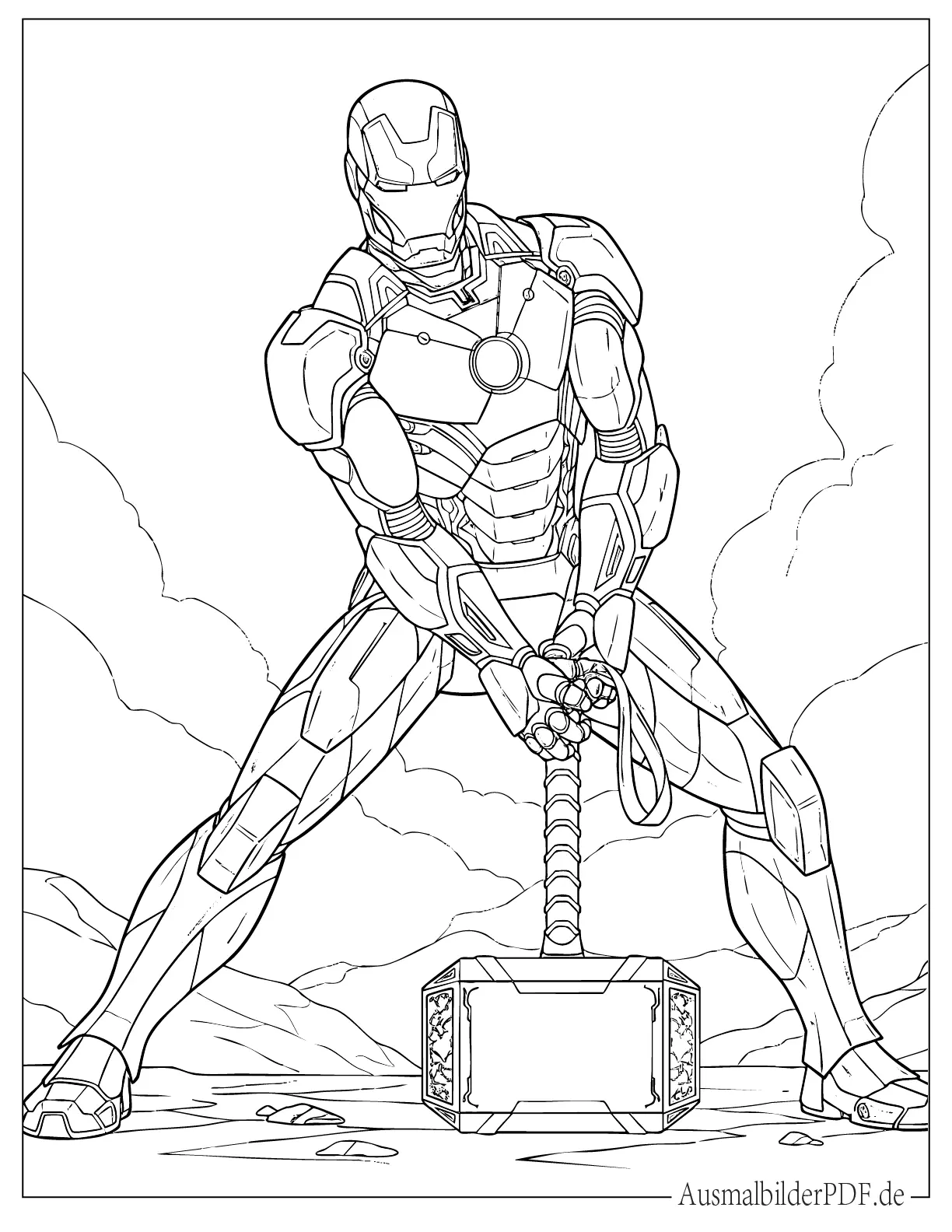 Iron Man versucht Thors Mjölnir zu heben Ausdruckbare Ausmalbild