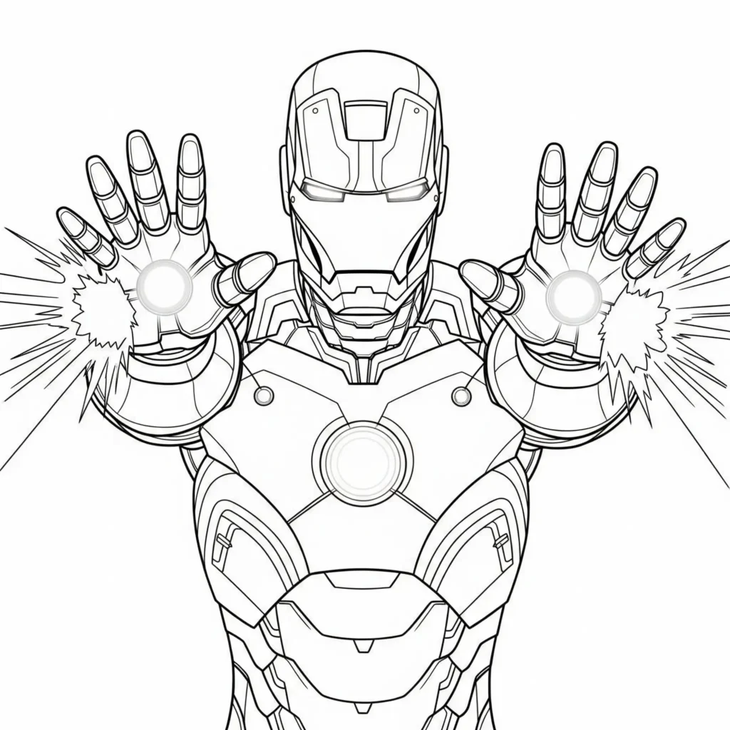 Iron Man feuert seine Repulsor-Strahlen ab – actionreiche Malvorlage für Kinder zum Ausdrucken und Ausmalen